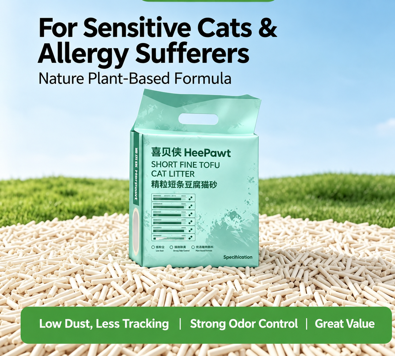 55be3c3c-fabc-476c-b6c3-a13bd7d85e84 HeePawt Premium Grain-Free Short Grain Cat Litter - Easy Clumping, Low Dust, Odor Control, Flushable, 19.2 lbs - 图片 1