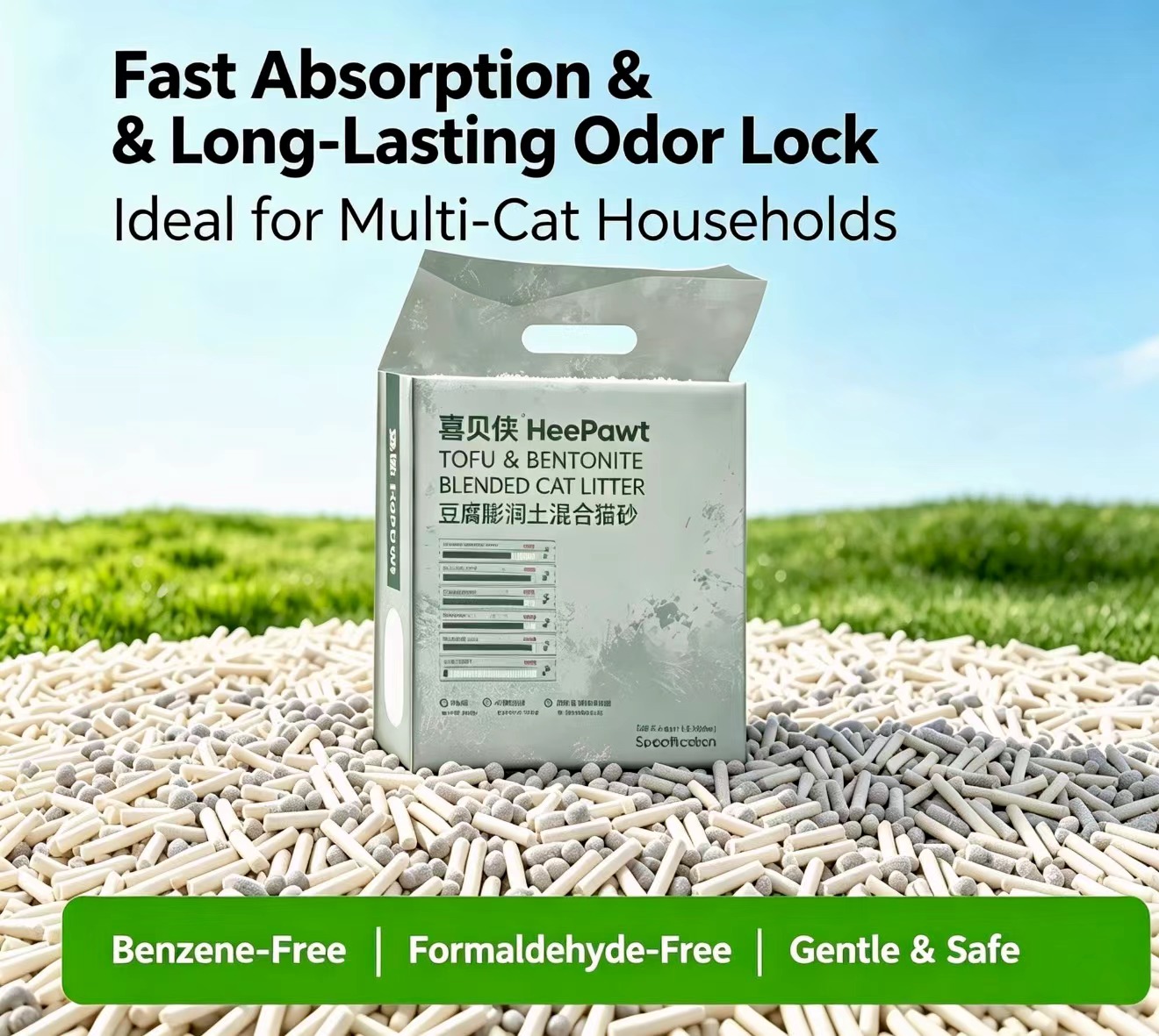d95fb2efccc92f90c19939d3261a27aa Xibeixia Tofu Bentonite Mixed Cat Litter 2.4kg - Powerful Odor Elimination, Clumping, Water Absorption, Low Dust, Flushable - 图片 1